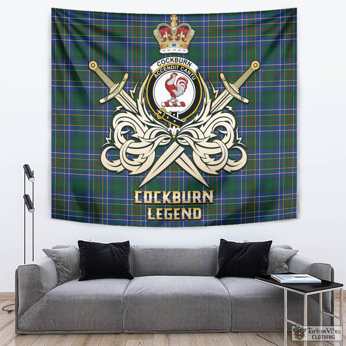 Tartan Vibes Clothing Cockburn Ancient Tartan Tapestry with Clan Crest and the Golden Sword of Courageous Legacy