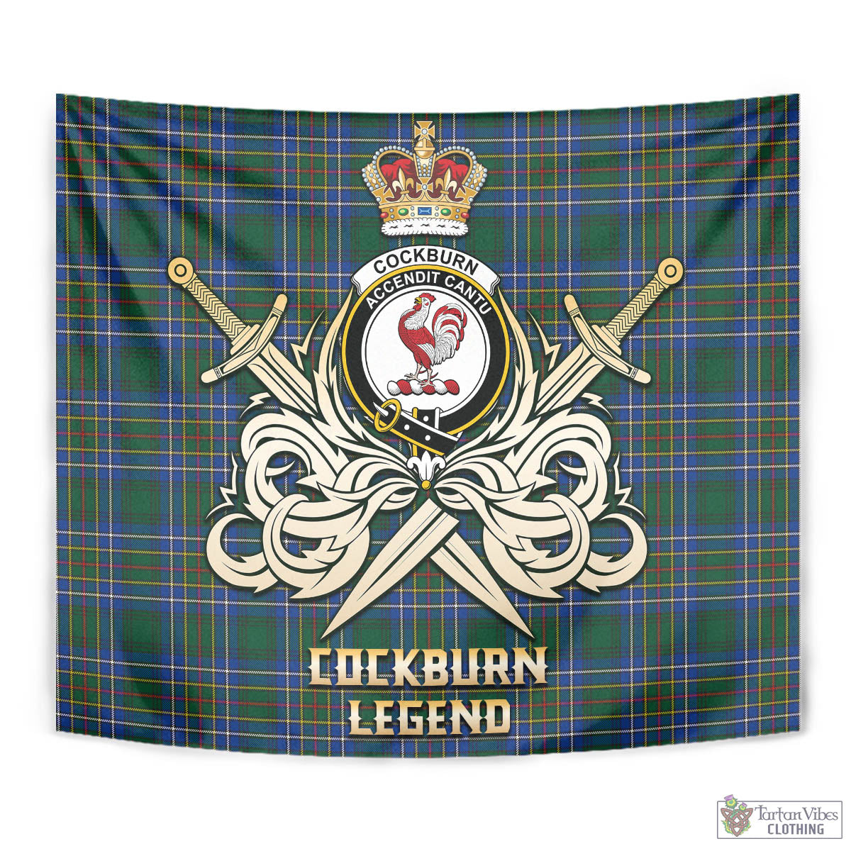 Tartan Vibes Clothing Cockburn Ancient Tartan Tapestry with Clan Crest and the Golden Sword of Courageous Legacy