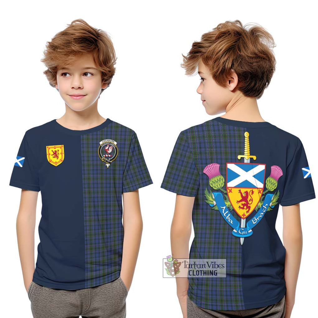 Tartan Vibes Clothing Cockburn Blue Tartan Kid T-Shirt with Scottish Lion Royal Arm Half Style