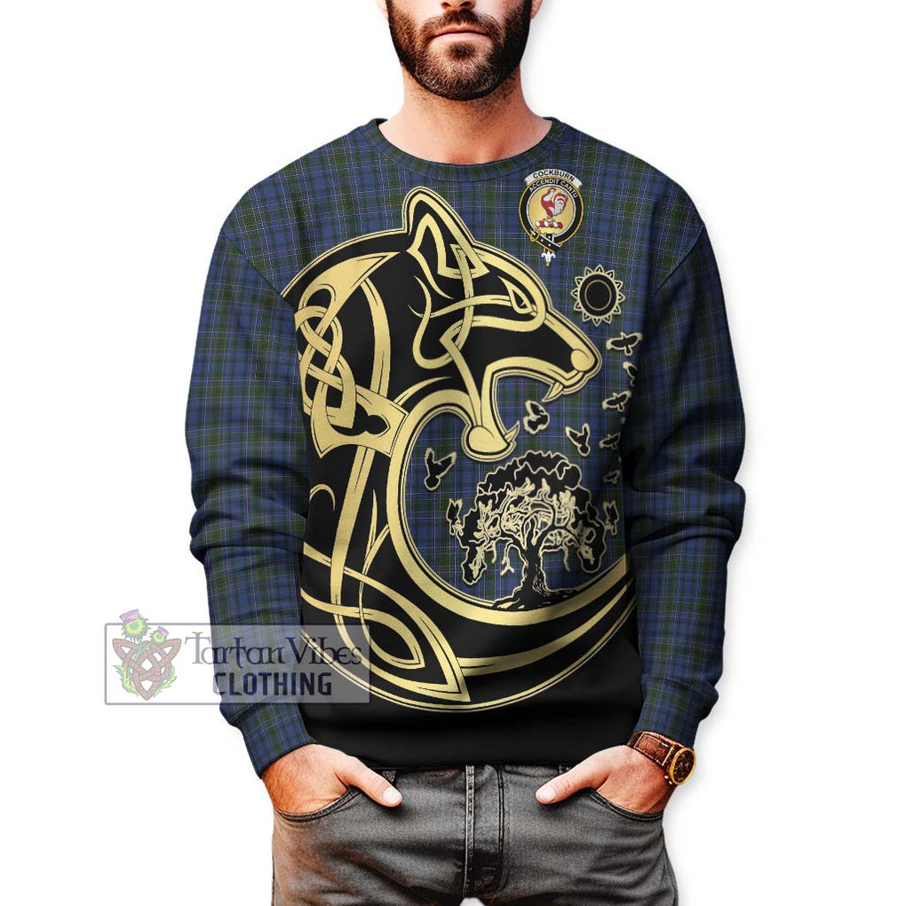 Cockburn Blue Tartan Sweatshirt with Family Crest Celtic Wolf Style Unisex - Tartan Vibes Clothing