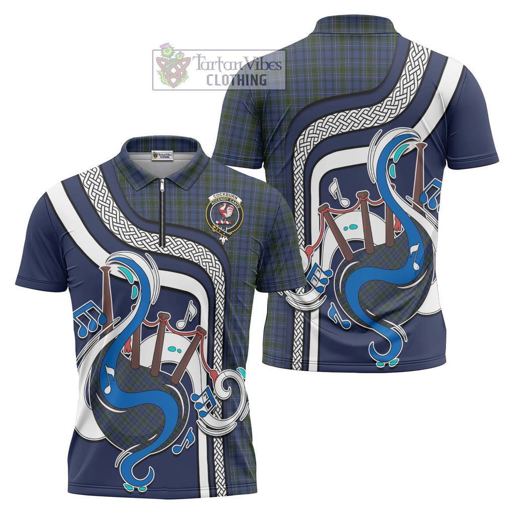 Cockburn Blue Tartan Zipper Polo Shirt with Epic Bagpipe Style Unisex - Tartanvibesclothing Shop