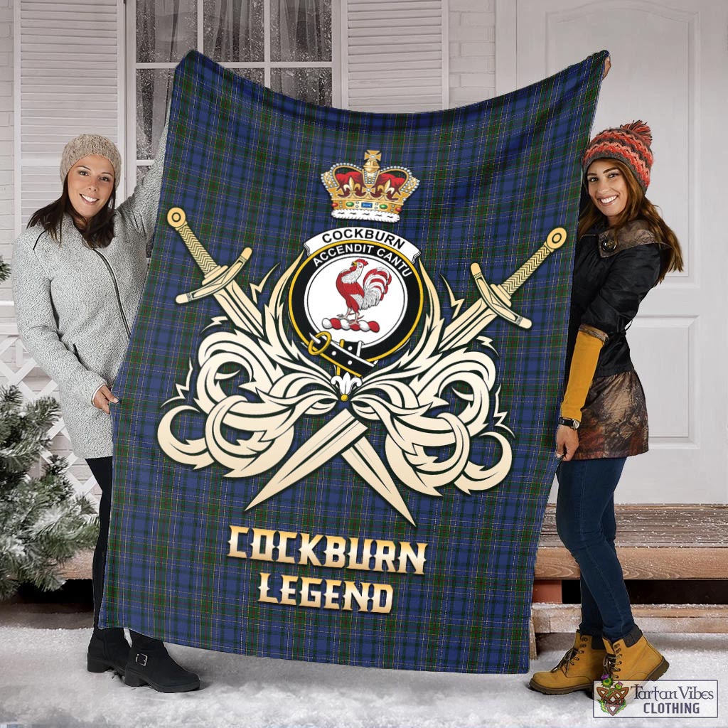 Tartan Vibes Clothing Cockburn Blue Tartan Blanket with Clan Crest and the Golden Sword of Courageous Legacy