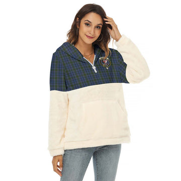 Cockburn Blue Tartan Women's Borg Fleece Hoodie With Half Zip with Family Crest