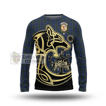 Cockburn Blue Tartan Long Sleeve T-Shirt with Family Crest Celtic Wolf Style