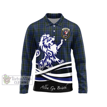 Cockburn Blue Tartan Long Sleeve Polo Shirt with Alba Gu Brath Regal Lion Emblem