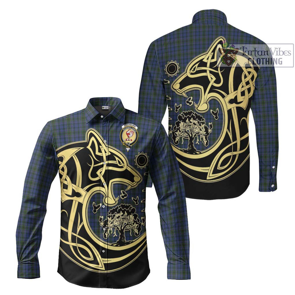 Cockburn Blue Tartan Long Sleeve Button Shirt with Family Crest Celtic Wolf Style Men's Shirt S - Tartan Vibes Clothing