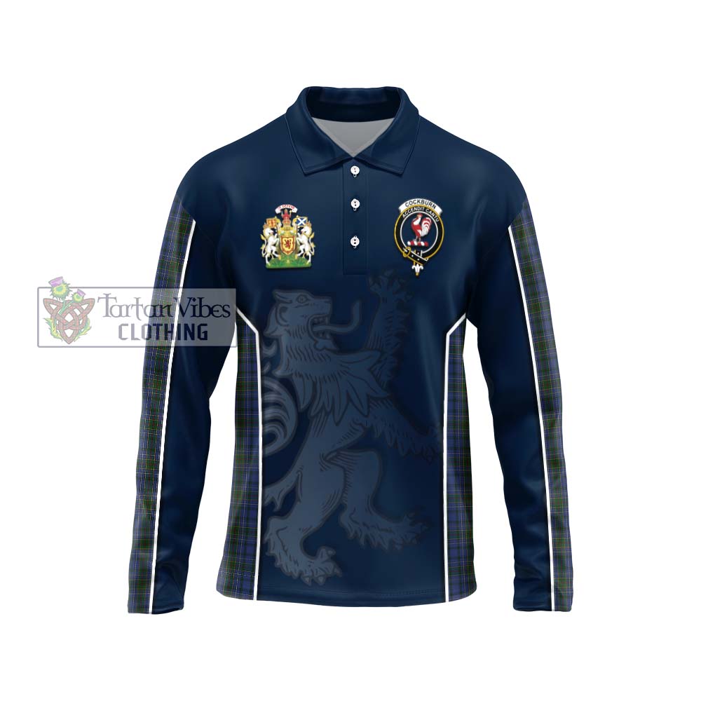 Cockburn Blue Tartan Long Sleeve Polo Shirt with Family Crest and Lion Rampant Vibes Sport Style Unisex - Tartan Vibes Clothing