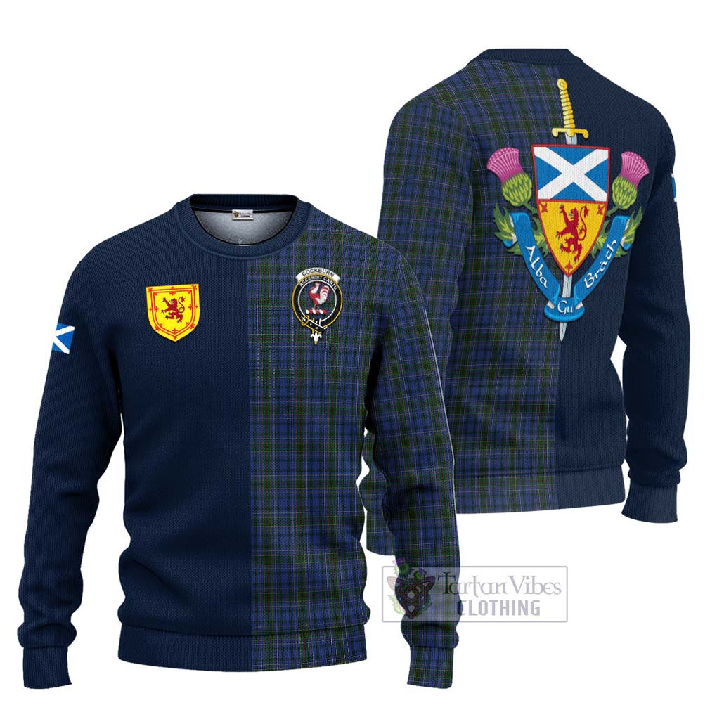 Tartan Vibes Clothing Cockburn Blue Tartan Knitted Sweater with Scottish Lion Royal Arm Half Style