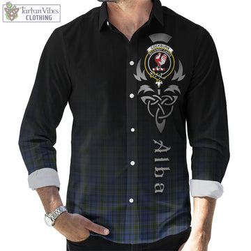 Cockburn Blue Tartan Long Sleeve Button Up Featuring Alba Gu Brath Family Crest Celtic Inspired