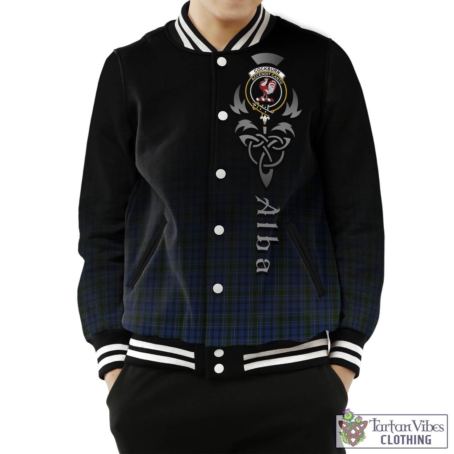 Tartan Vibes Clothing Cockburn Blue Tartan Baseball Jacket Featuring Alba Gu Brath Family Crest Celtic Inspired