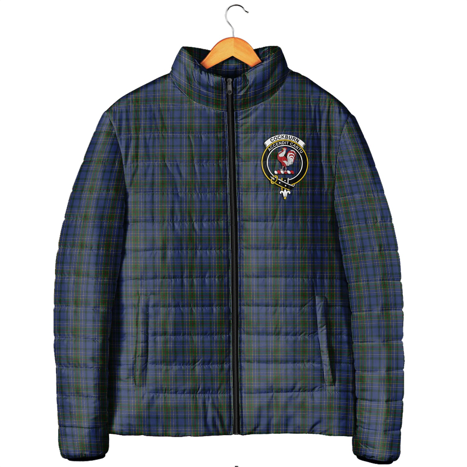 Cockburn Blue Tartan Padded Jacket with Family Crest Men's Padded Jacket - Tartan Vibes Clothing