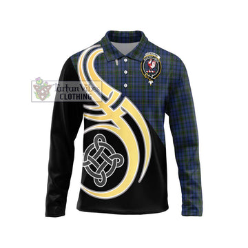 Cockburn Blue Tartan Long Sleeve Polo Shirt with Family Crest and Celtic Symbol Style