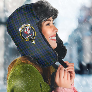 Cockburn Blue Tartan Winter Trapper Hat with Family Crest