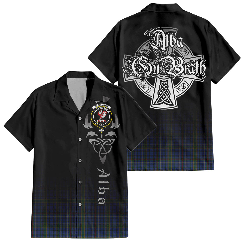 Tartan Vibes Clothing Cockburn Blue Tartan Short Sleeve Button Up Featuring Alba Gu Brath Family Crest Celtic Inspired