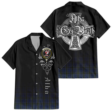 Cockburn Blue Tartan Short Sleeve Button Up Shirt Featuring Alba Gu Brath Family Crest Celtic Inspired