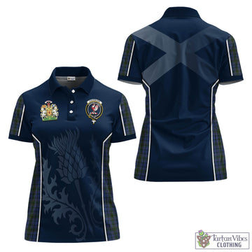 Cockburn Blue Tartan Women's Polo Shirt with Family Crest and Scottish Thistle Vibes Sport Style