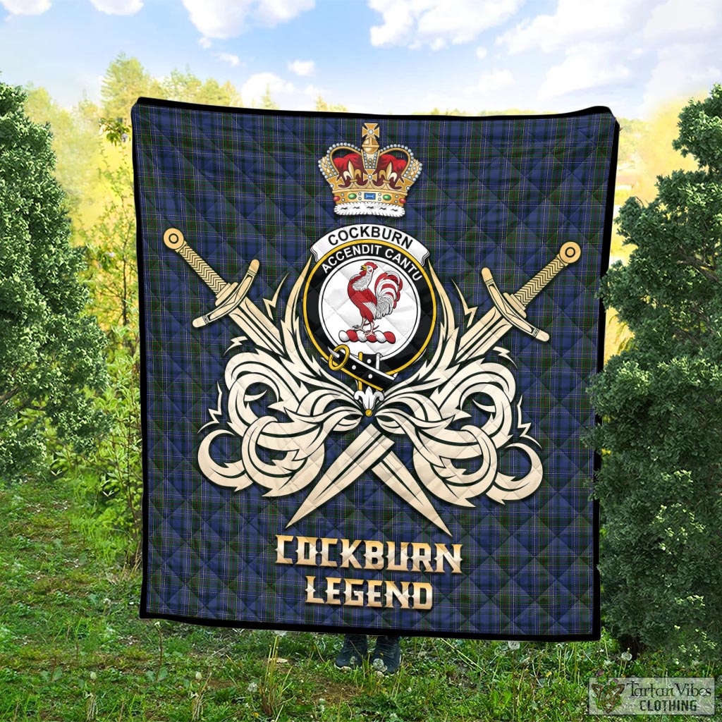 Tartan Vibes Clothing Cockburn Blue Tartan Quilt with Clan Crest and the Golden Sword of Courageous Legacy