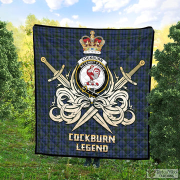 Cockburn Blue Tartan Quilt with Clan Crest and the Golden Sword of Courageous Legacy