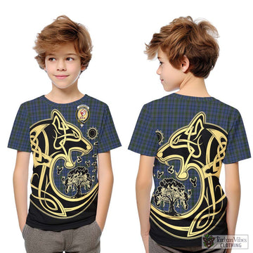 Cockburn Blue Tartan Kid T-Shirt with Family Crest Celtic Wolf Style