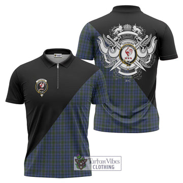 Cockburn Blue Tartan Zipper Polo Shirt with Family Crest and Military Logo Style