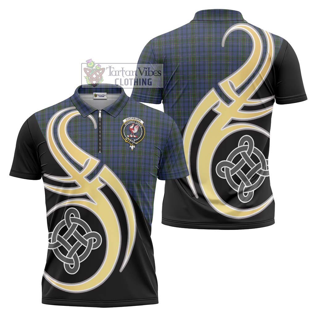 Tartan Vibes Clothing Cockburn Blue Tartan Zipper Polo Shirt with Family Crest and Celtic Symbol Style