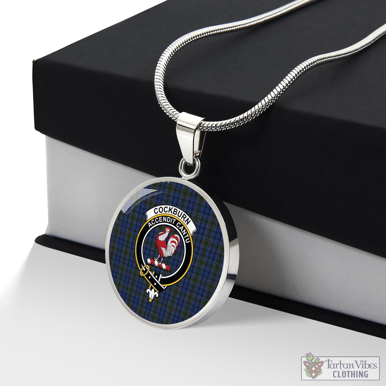 Tartan Vibes Clothing Cockburn Blue Tartan Circle Necklace with Family Crest