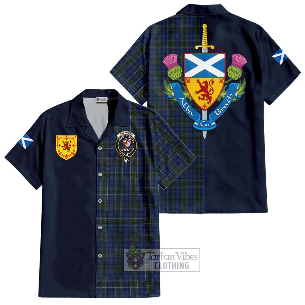 Tartan Vibes Clothing Cockburn Blue Tartan Short Sleeve Button Shirt with Scottish Lion Royal Arm Half Style