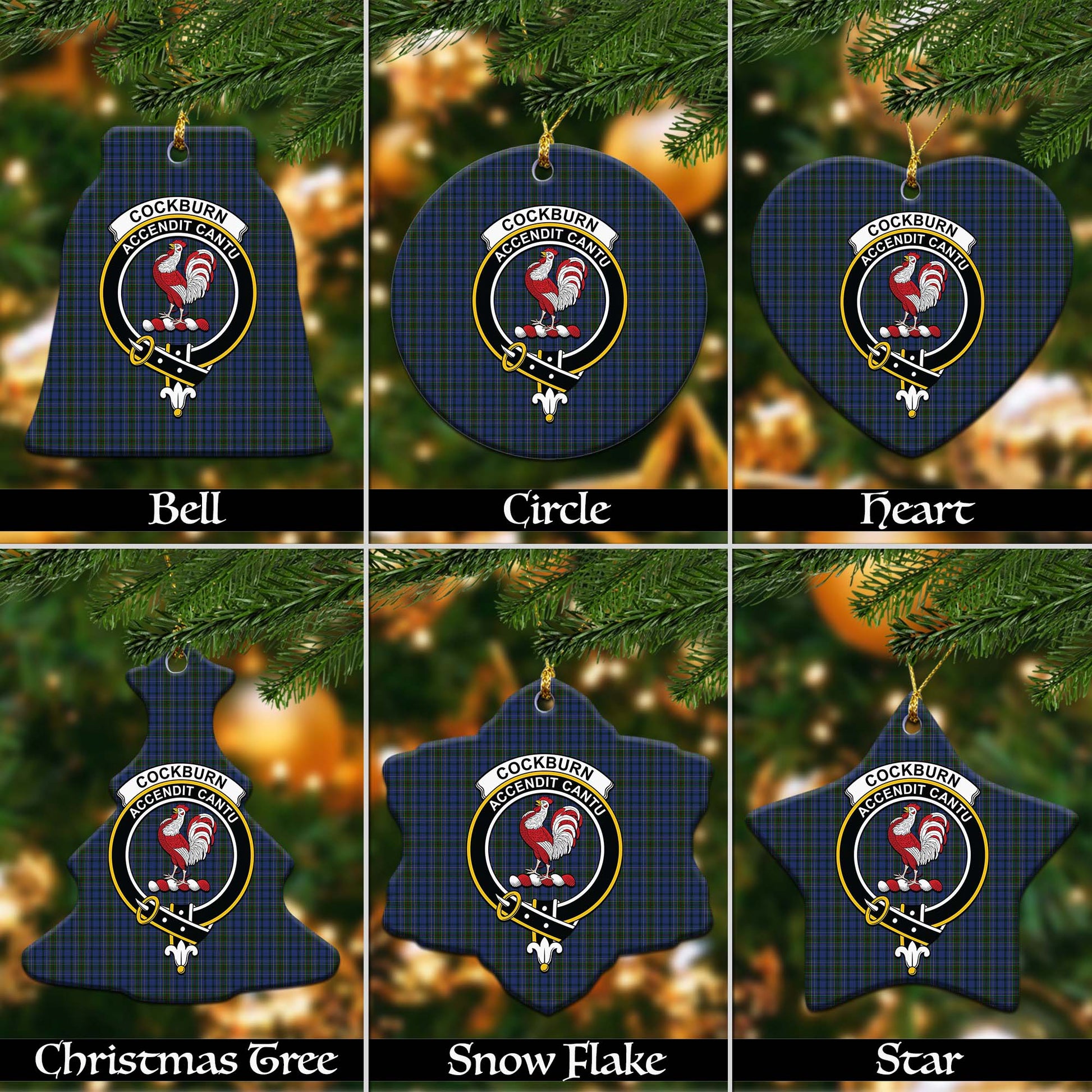 Cockburn Blue Tartan Christmas Ornaments with Family Crest Ceramic Bell Pack 1: ornament * 1 piece - Tartanvibesclothing