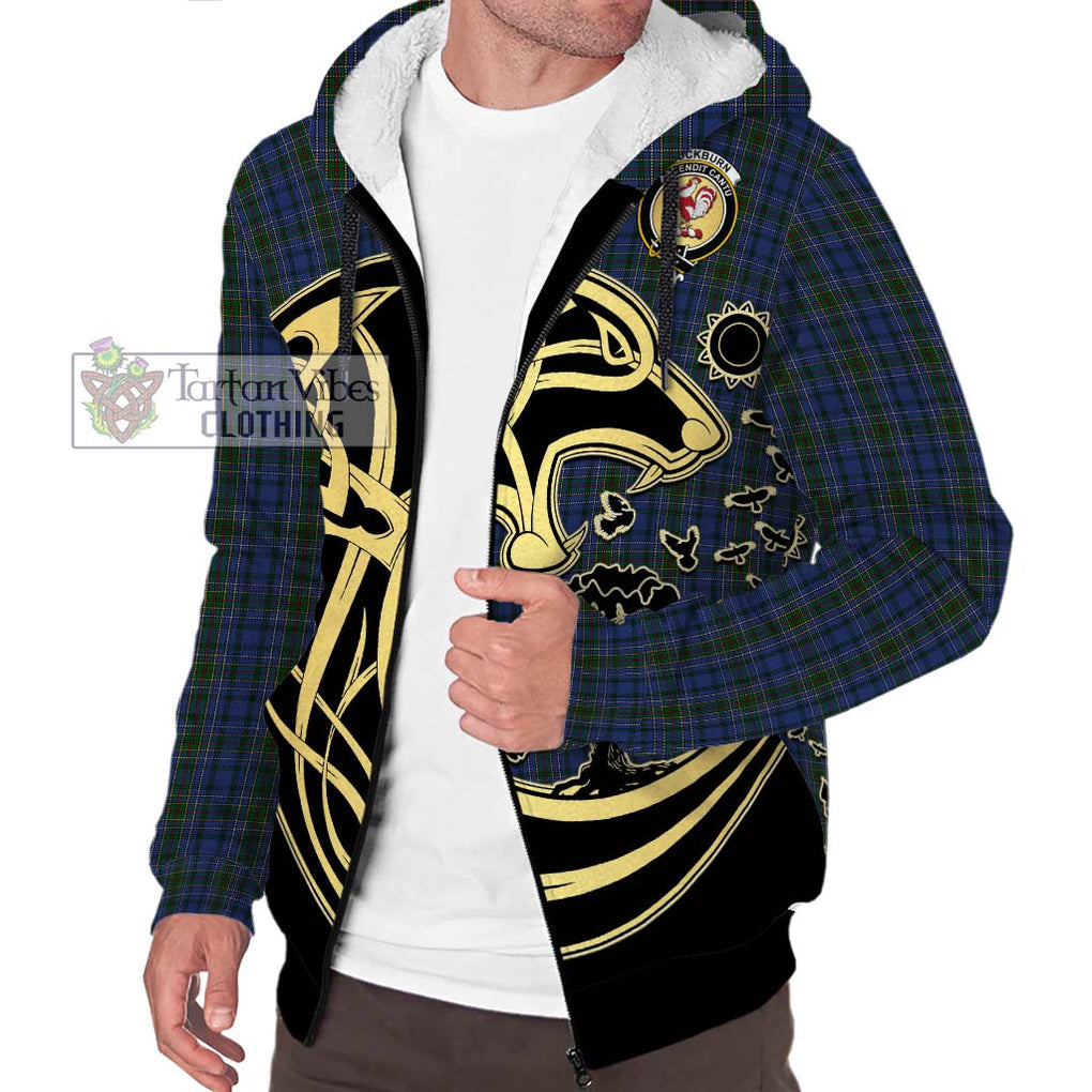 Cockburn Blue Tartan Sherpa Hoodie with Family Crest Celtic Wolf Style Unisex S - Tartan Vibes Clothing