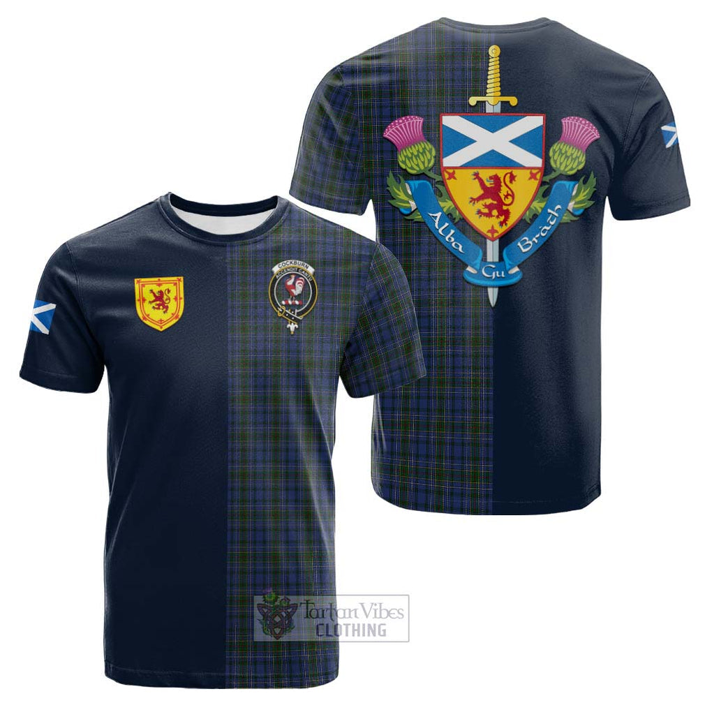 Tartan Vibes Clothing Cockburn Blue Tartan Cotton T-shirt with Scottish Lion Royal Arm Half Style