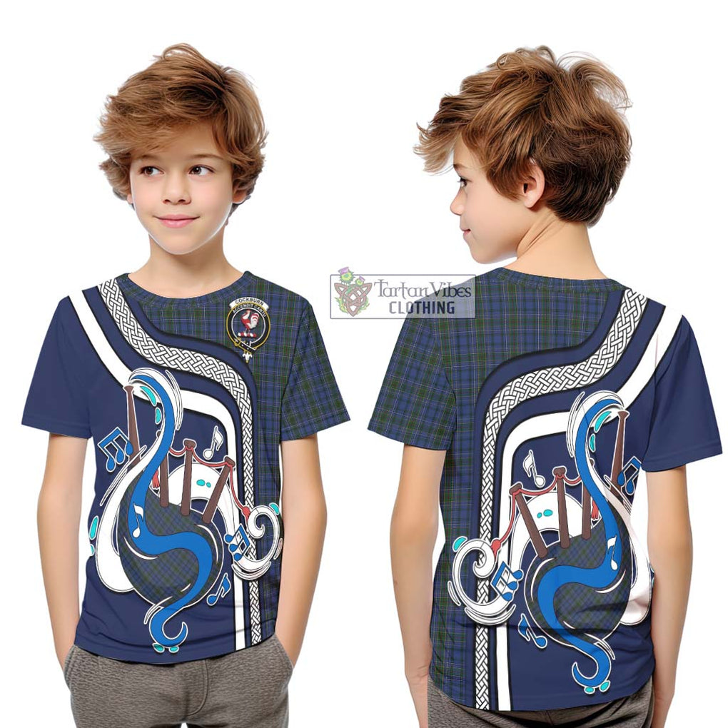 Tartan Vibes Clothing Cockburn Blue Tartan Kid T-Shirt with Epic Bagpipe Style