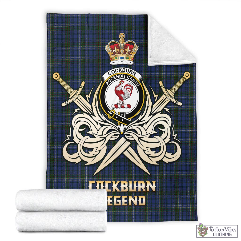 Tartan Vibes Clothing Cockburn Blue Tartan Blanket with Clan Crest and the Golden Sword of Courageous Legacy