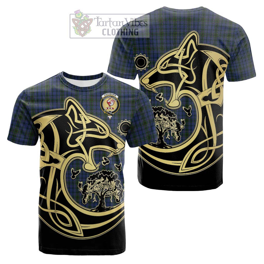 Tartan Vibes Clothing Cockburn Blue Tartan Cotton T-shirt with Family Crest Celtic Wolf Style