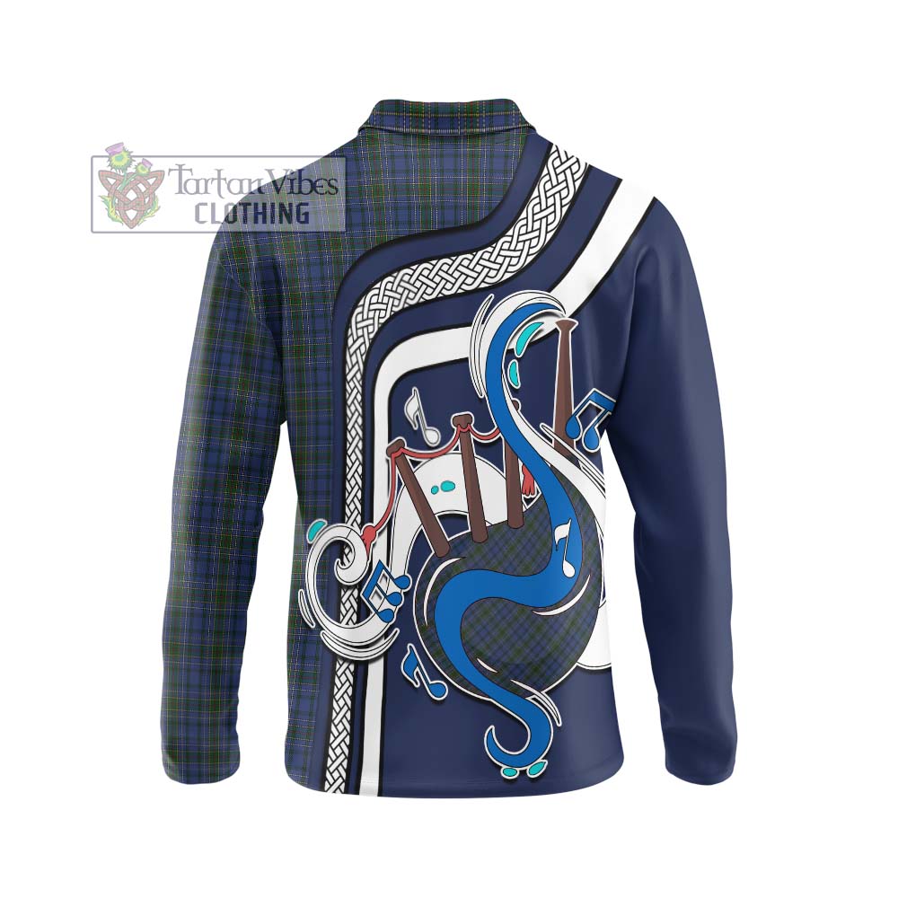 Tartan Vibes Clothing Cockburn Blue Tartan Long Sleeve Polo Shirt with Epic Bagpipe Style