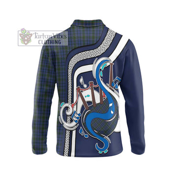 Cockburn Blue Tartan Long Sleeve Polo Shirt with Epic Bagpipe Style