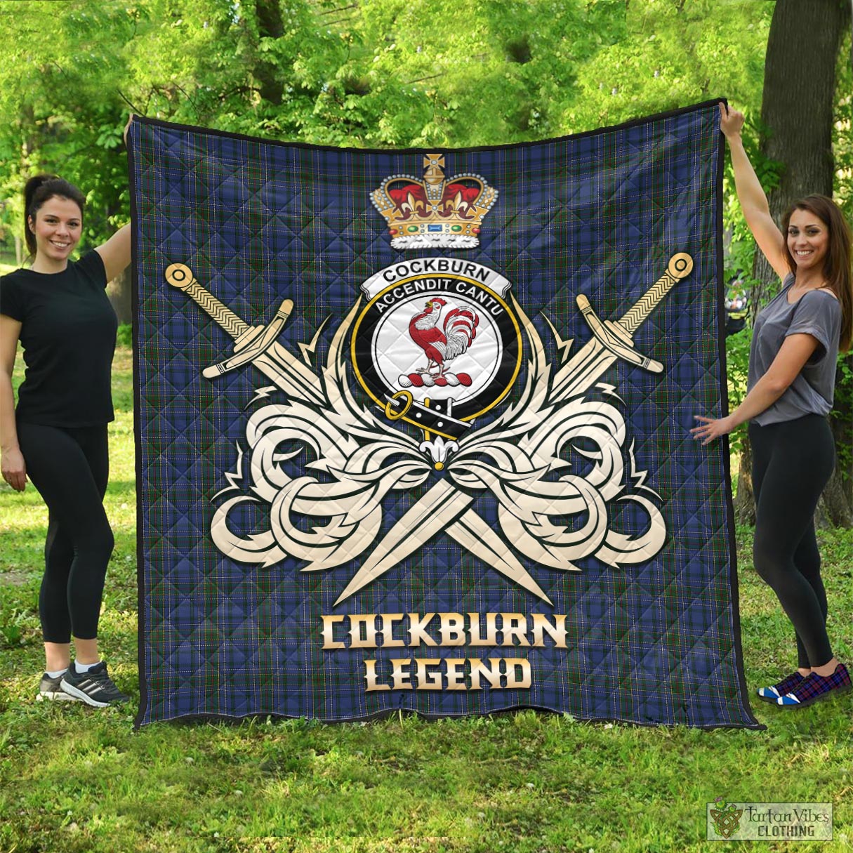 Tartan Vibes Clothing Cockburn Blue Tartan Quilt with Clan Crest and the Golden Sword of Courageous Legacy