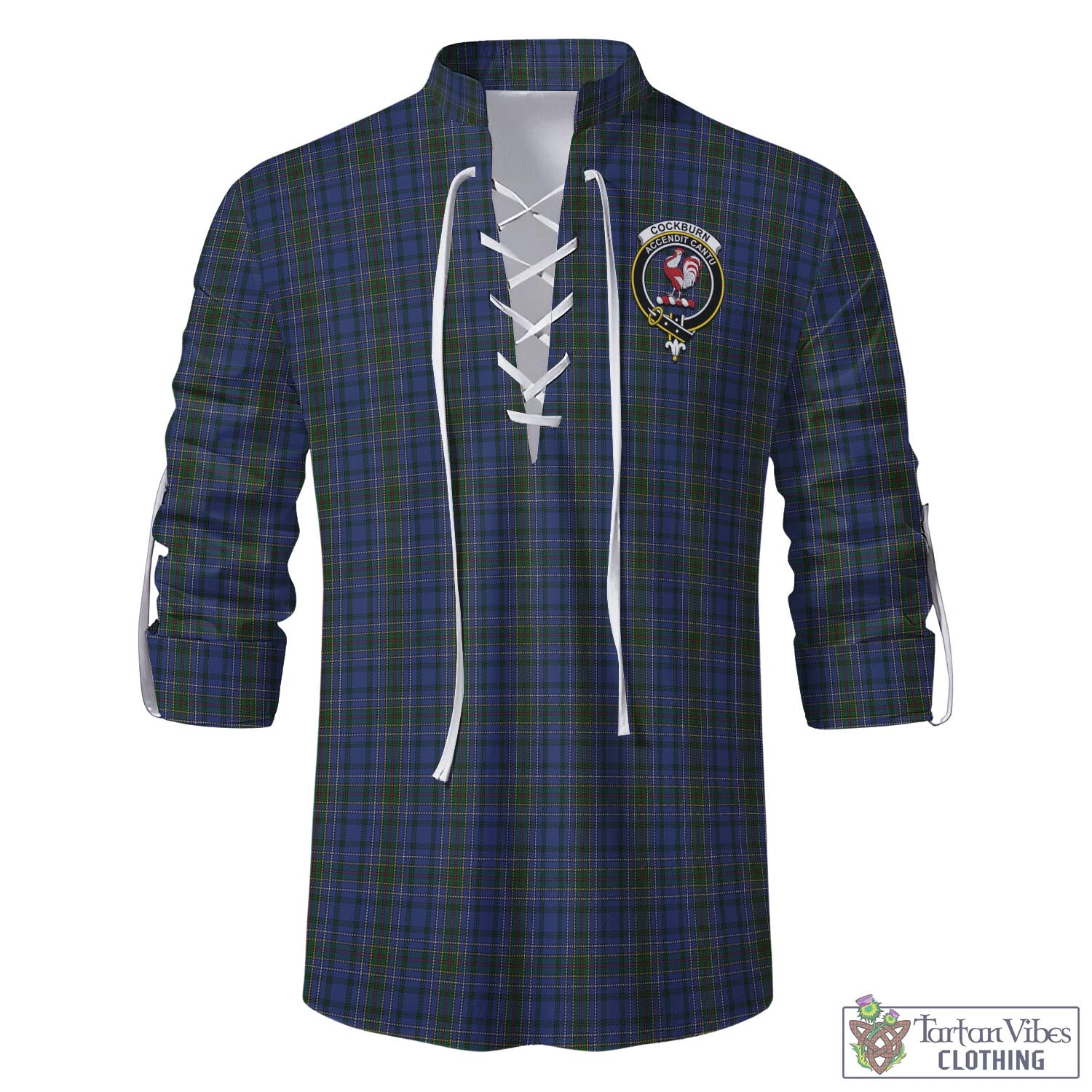 Tartan Vibes Clothing Cockburn Blue Tartan Men's Scottish Traditional Jacobite Ghillie Kilt Shirt with Family Crest