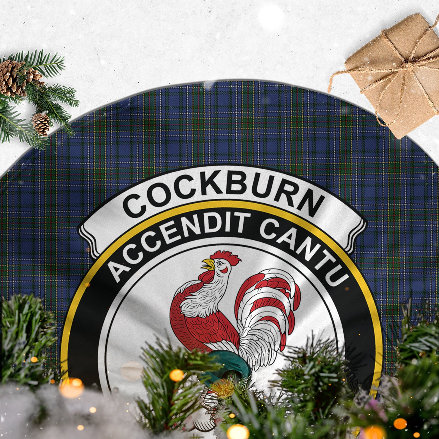 Cockburn Blue Tartan Christmas Tree Skirt with Family Crest - Tartanvibesclothing