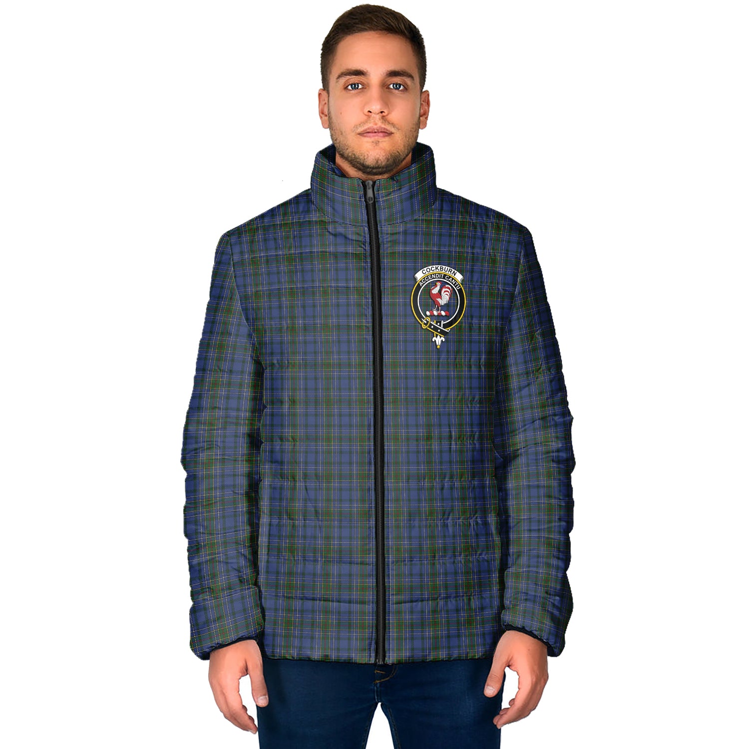 Cockburn Blue Tartan Padded Jacket with Family Crest - Tartan Vibes Clothing