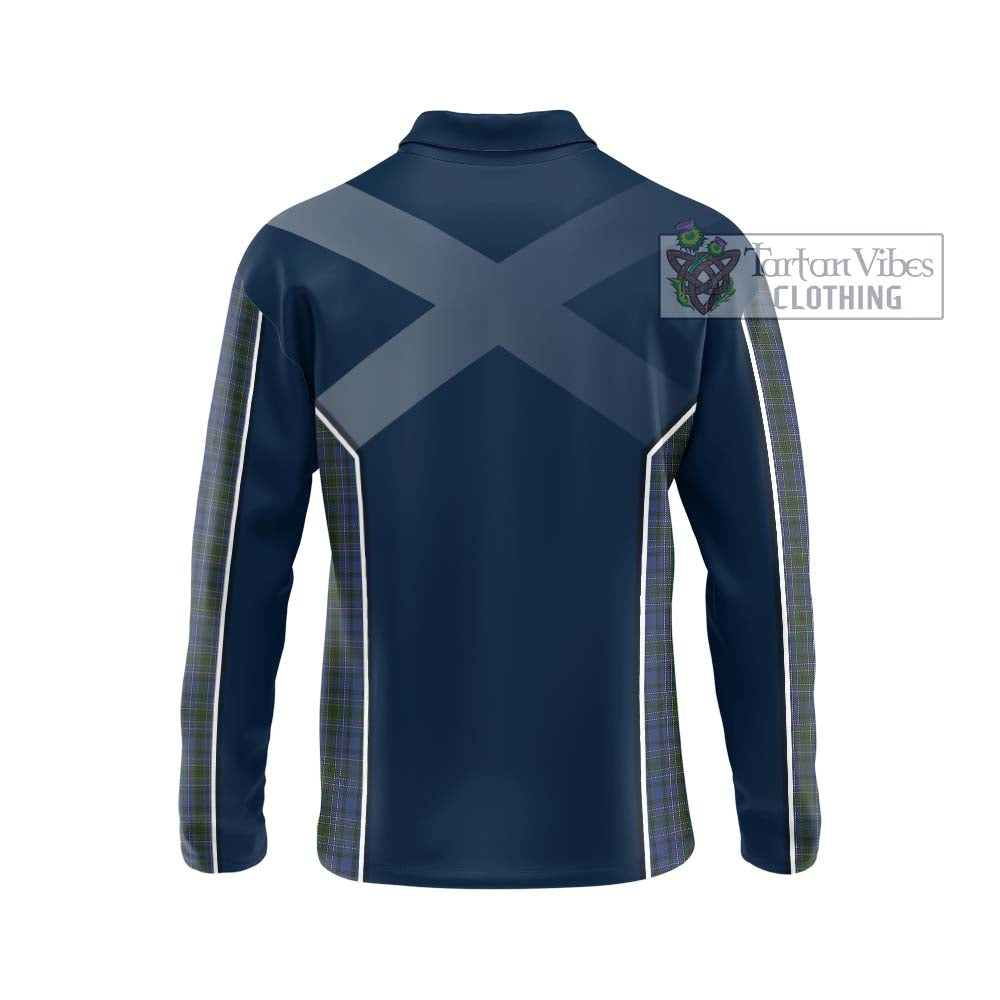 Cockburn Blue Tartan Long Sleeve Polo Shirt with Family Crest and Lion Rampant Vibes Sport Style - Tartan Vibes Clothing