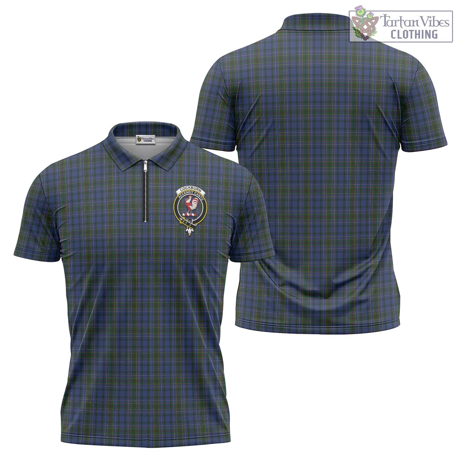 Tartan Vibes Clothing Cockburn Blue Tartan Zipper Polo Shirt with Family Crest