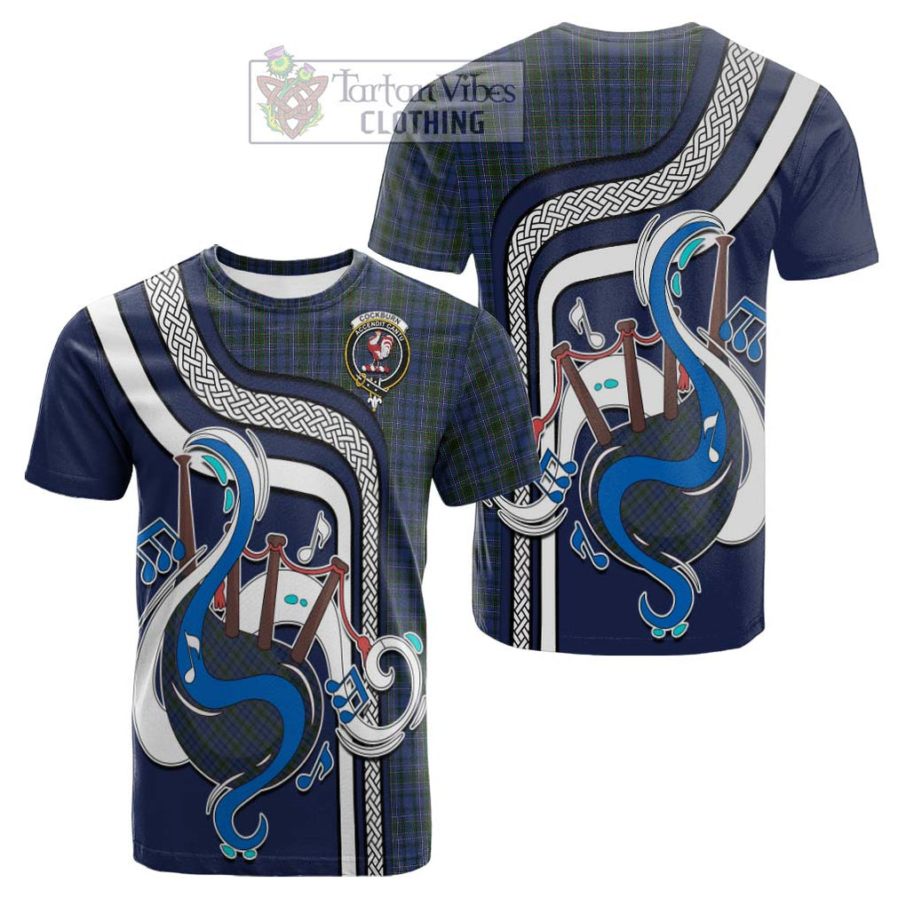 Tartan Vibes Clothing Cockburn Blue Tartan Cotton T-shirt with Epic Bagpipe Style