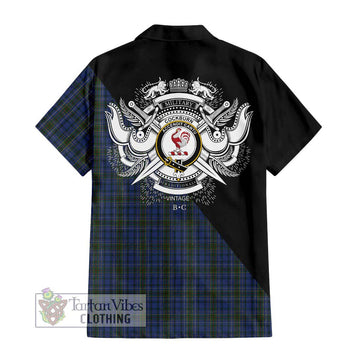 Cockburn Blue Tartan Short Sleeve Button Shirt with Family Crest and Military Logo Style