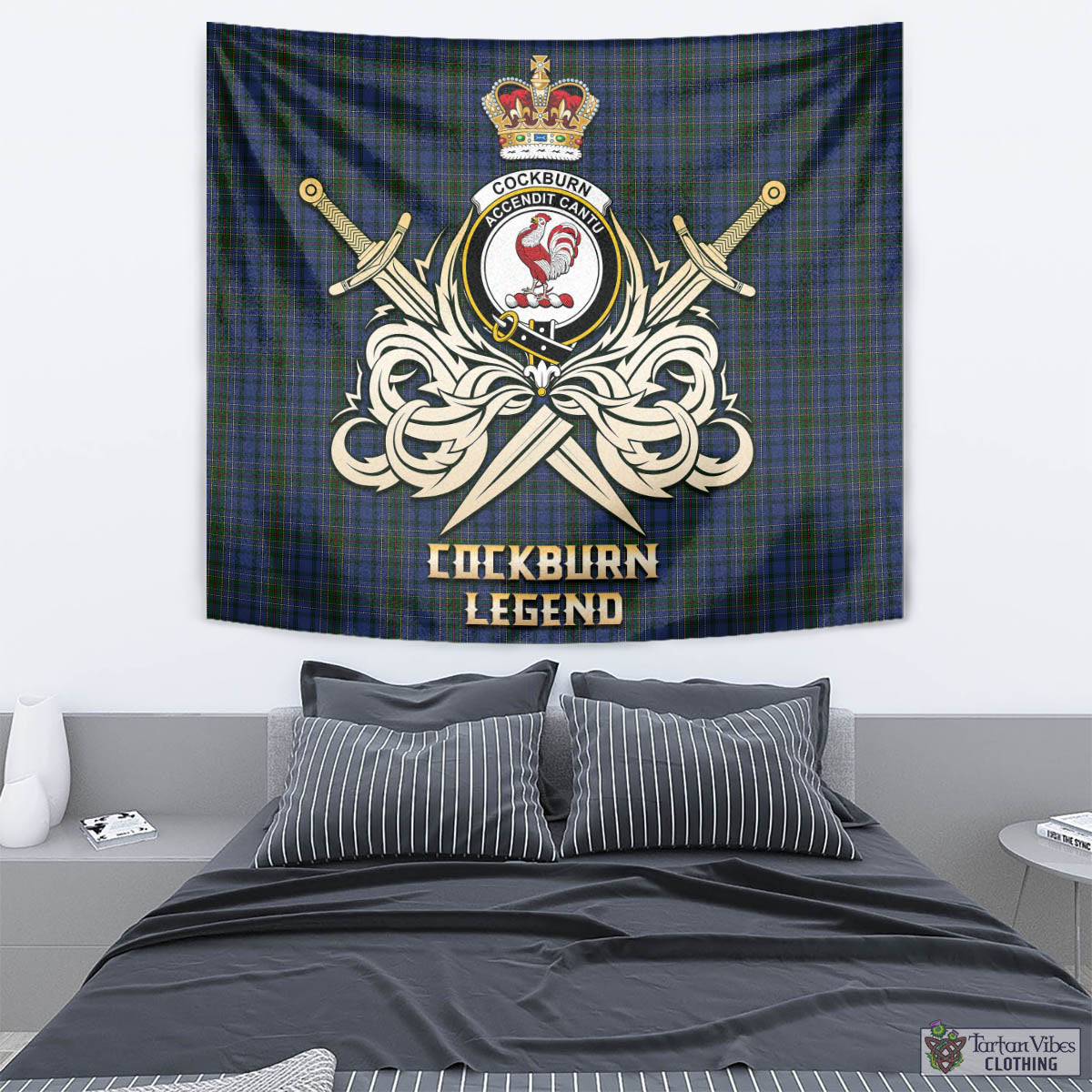 Tartan Vibes Clothing Cockburn Blue Tartan Tapestry with Clan Crest and the Golden Sword of Courageous Legacy