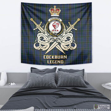 Cockburn Blue Tartan Tapestry with Clan Crest and the Golden Sword of Courageous Legacy