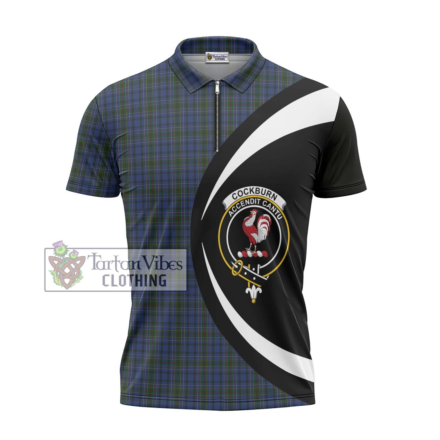 Tartan Vibes Clothing Cockburn Blue Tartan Zipper Polo Shirt with Family Crest Circle Style