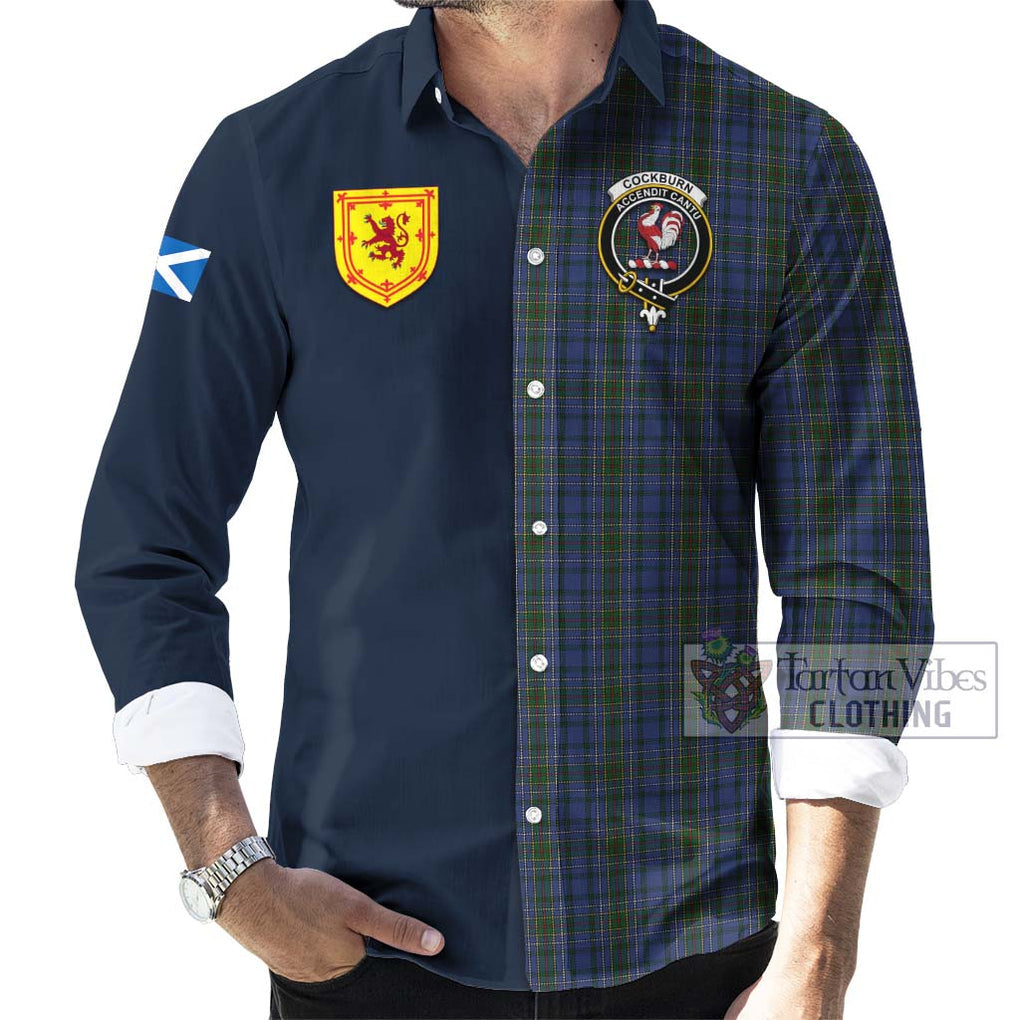 Tartan Vibes Clothing Cockburn Blue Tartan Long Sleeve Button Shirt with Scottish Lion Royal Arm Half Style