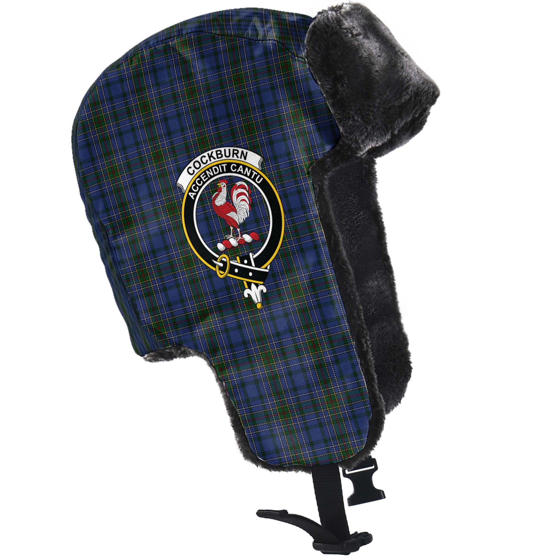 Cockburn Blue Tartan Winter Trapper Hat with Family Crest - Tartanvibesclothing