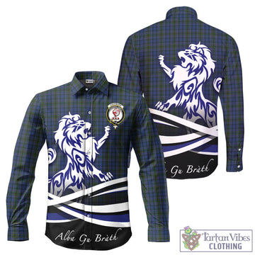 Cockburn Blue Tartan Long Sleeve Button Up Shirt with Alba Gu Brath Regal Lion Emblem