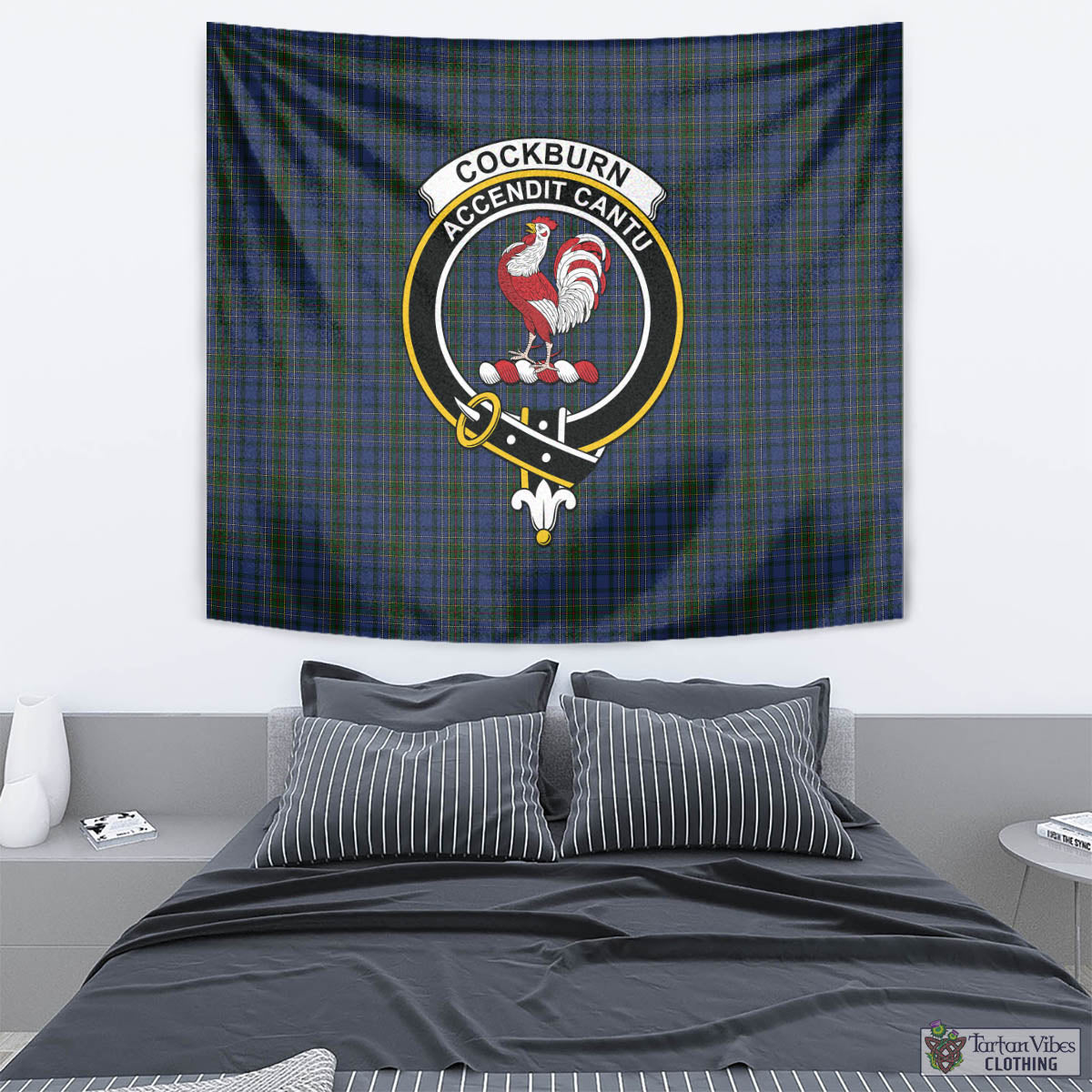 Tartan Vibes Clothing Cockburn Blue Tartan Tapestry Wall Hanging and Home Decor for Room with Family Crest